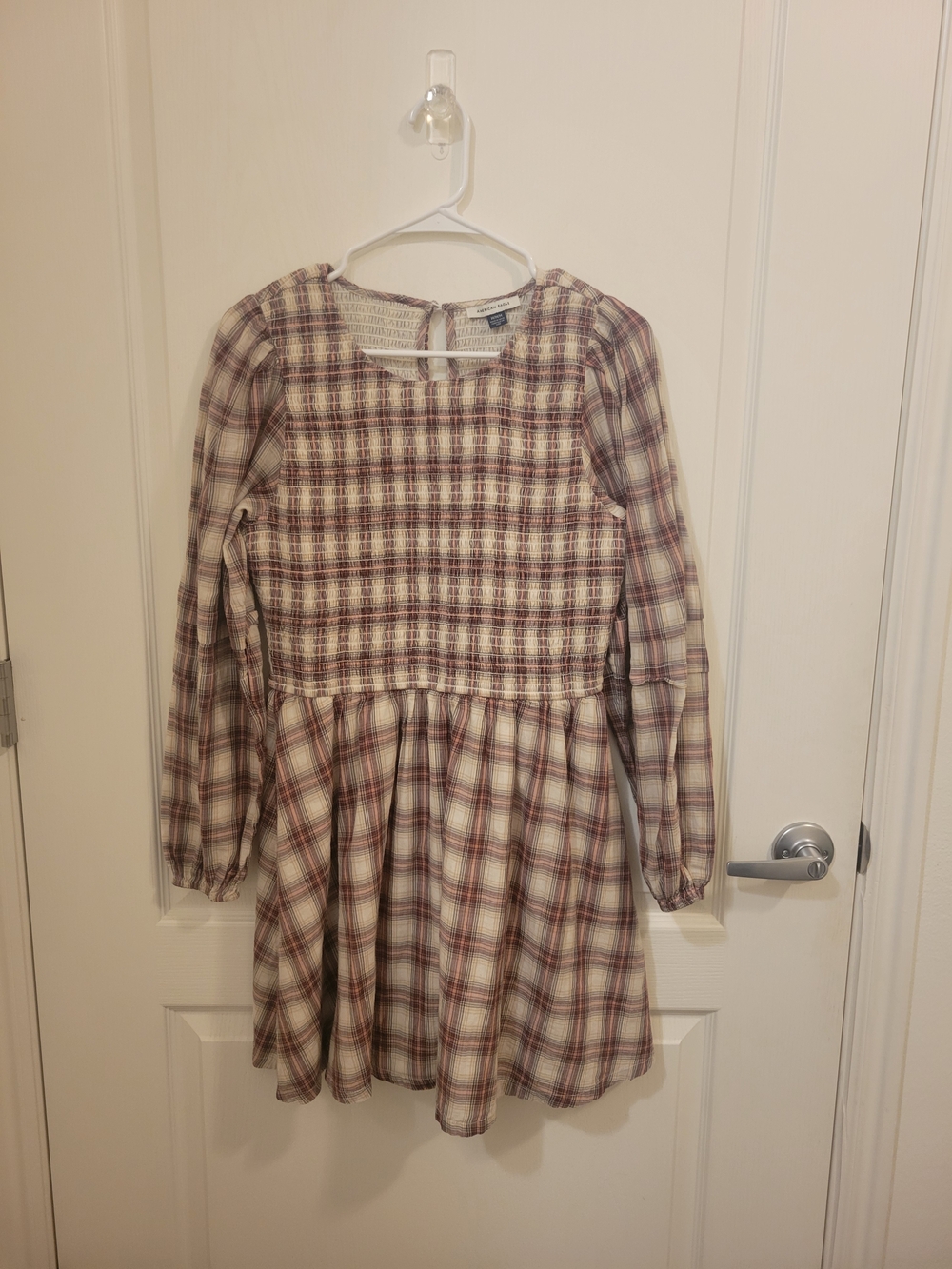 American Eagle Outfitters Plaid Smocked Long-Sleeve Dress - Cream and Brown